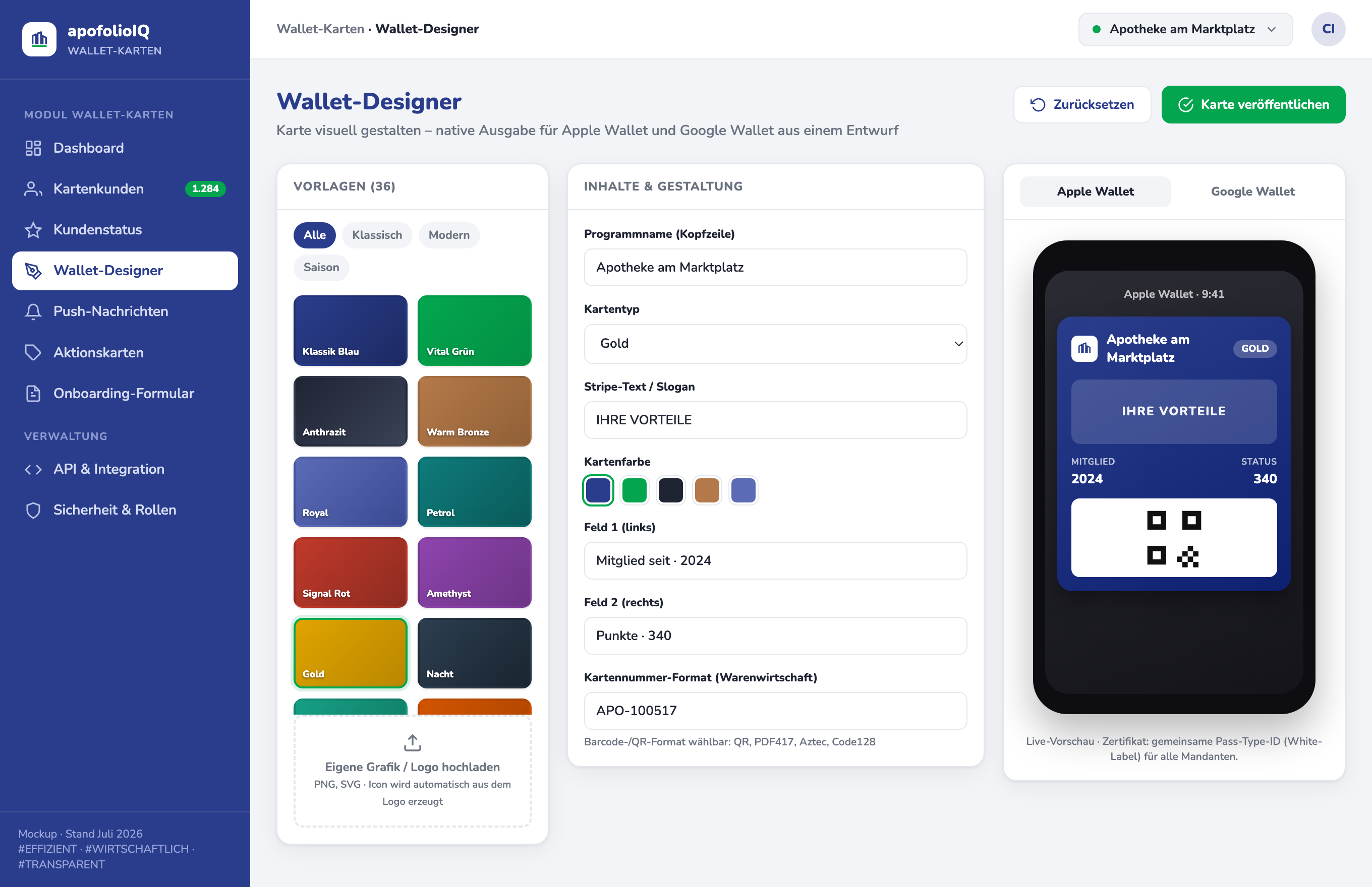 Wallet-Designer von apofolioKarte mit Live-Vorschau für Apple Wallet und Google Wallet